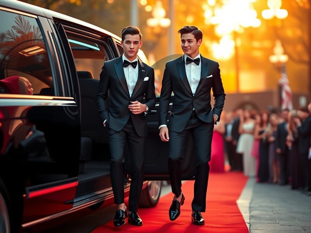 Dashing Young Men Emerge from Luxury Limousine in Tailored T...
