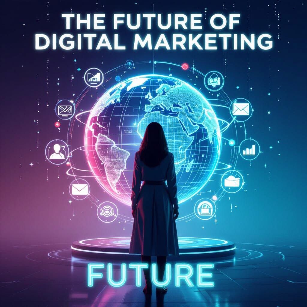 Futuristic Holographic Globe with Digital Marketing Icons