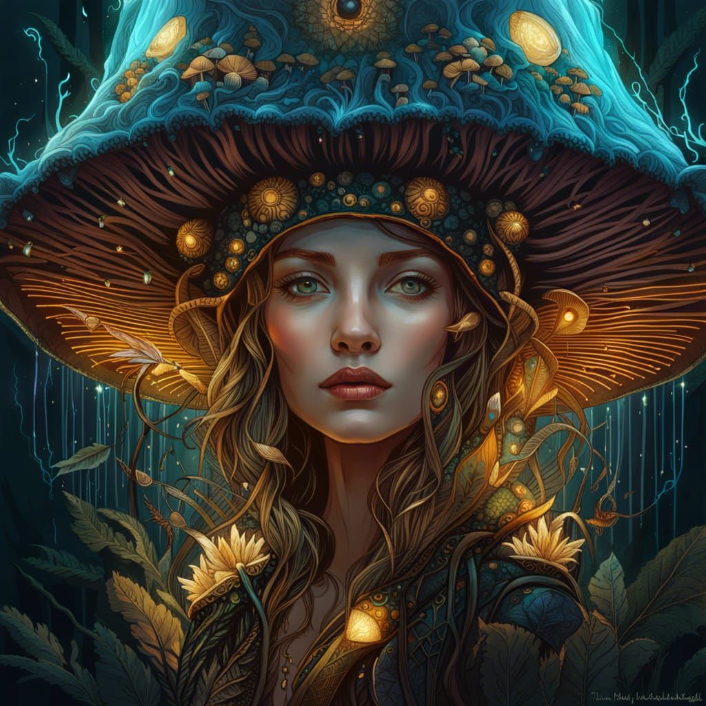Bioluminescent Mushroom Queen with Golden Outlines