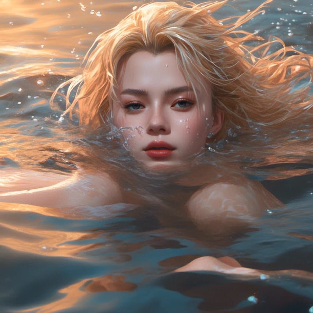 Blonde Angel Swimming: Detailed Fantasy Art