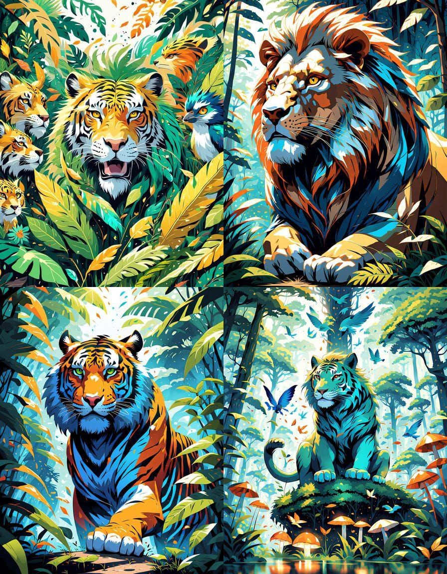 Vibrant Jungle Animals Collage in Anime Style