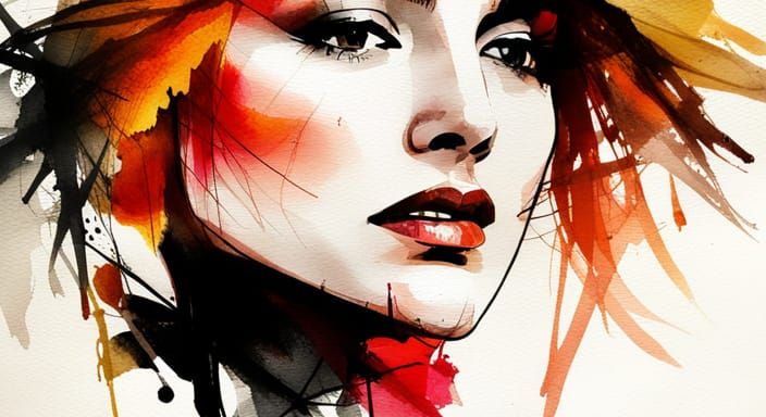 Beautiful Young Woman's Face in Ink and Watercolor