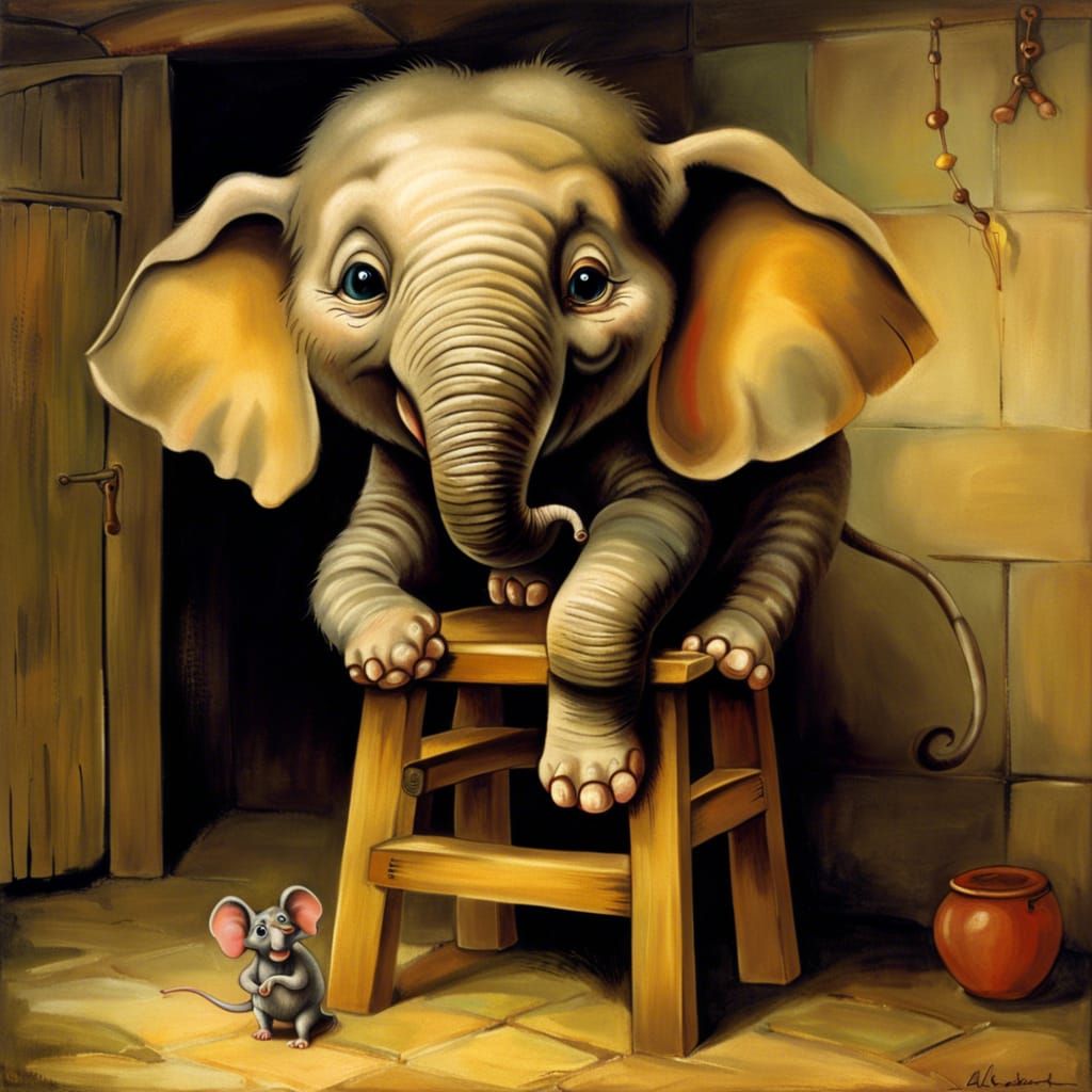 Terrified Elephant and Friendly Mouse: Hyperrealistic Oil