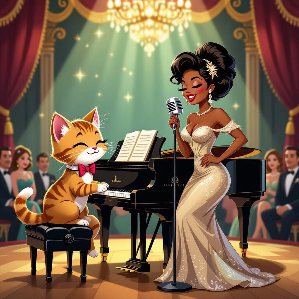 Cartoon Kitten Plays Piano with Singer in Art Deco Music Hal...
