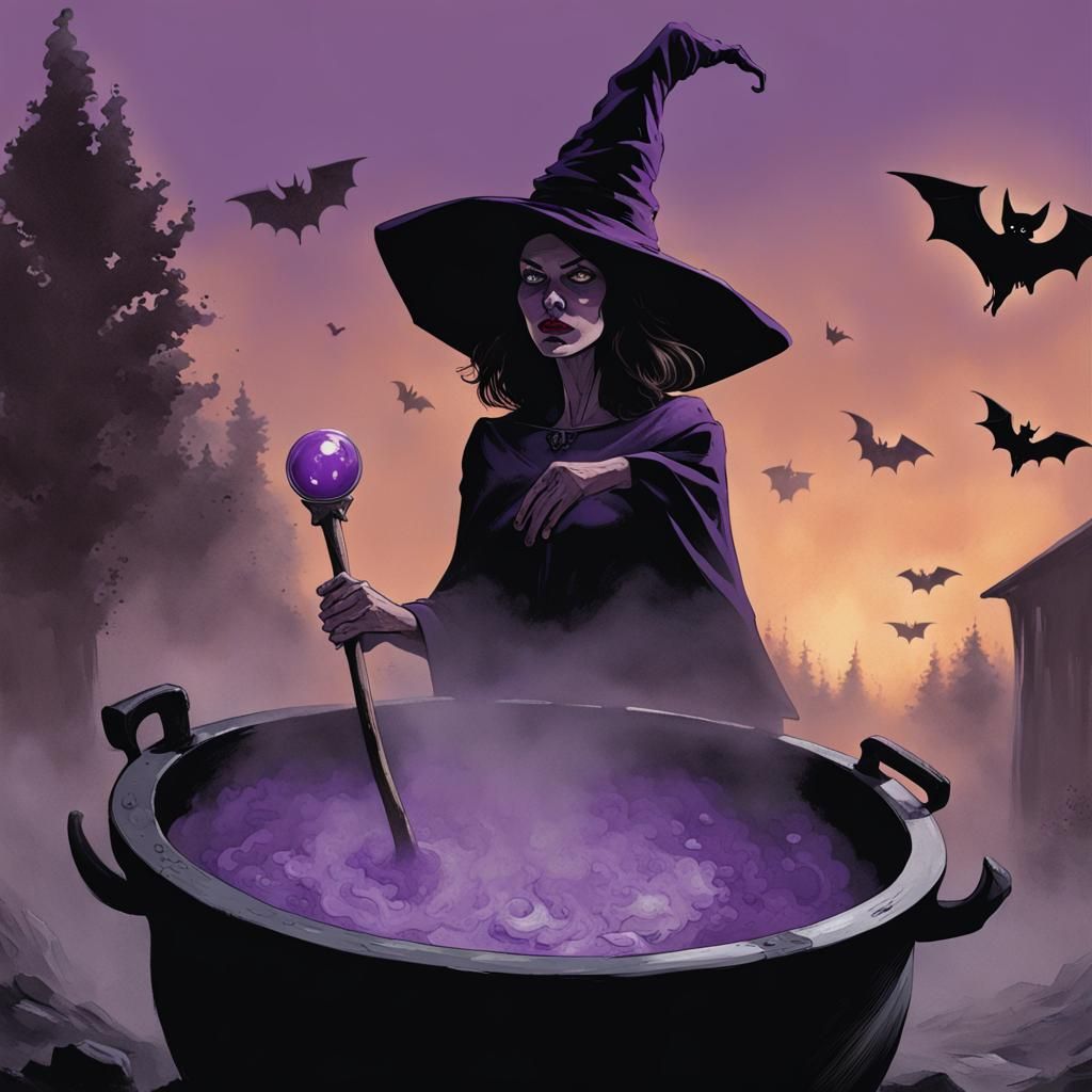 Sinister Witch Brews Potion in Daylight