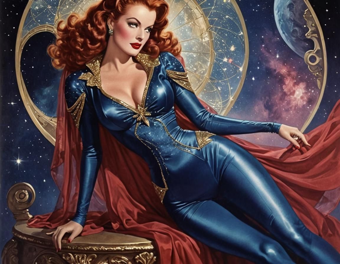 Retro-SciFi Space Woman in Watercolor Art Nouveau Style