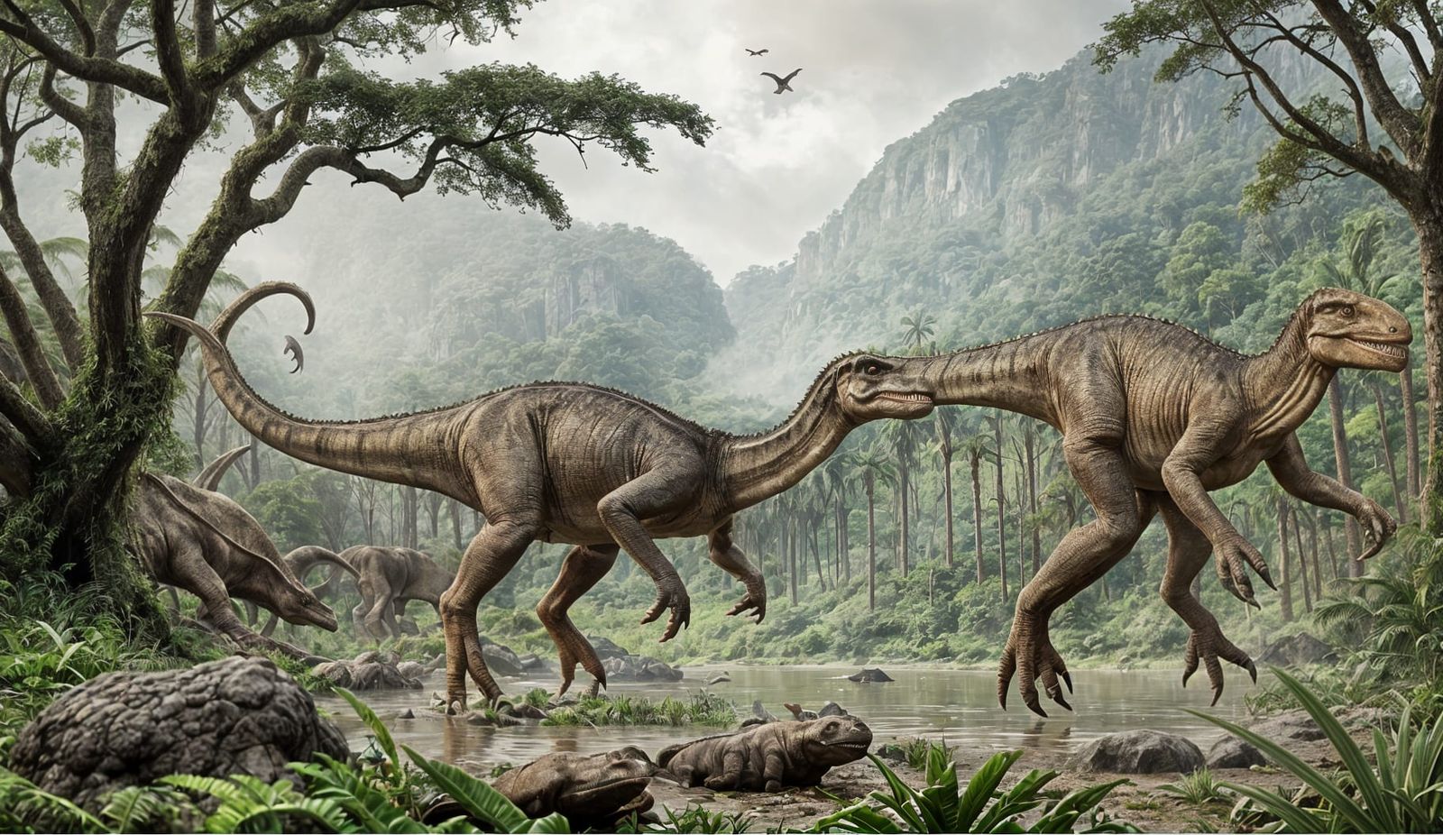 Lush Jurassic Wilderness Teeming with Dinosaurs