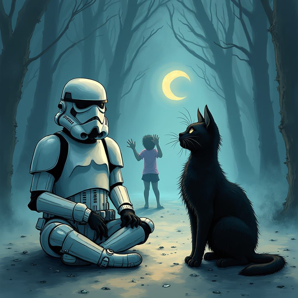 Ethereal Cat with Moon Interacts with Stormtrooper