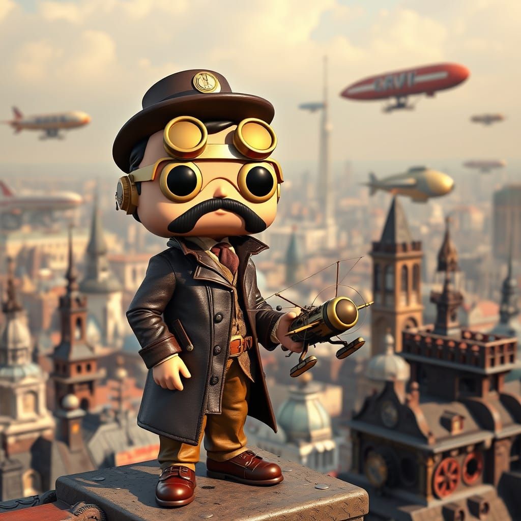 A Funko Pop figure of a steampunk inventor with intricate ge...