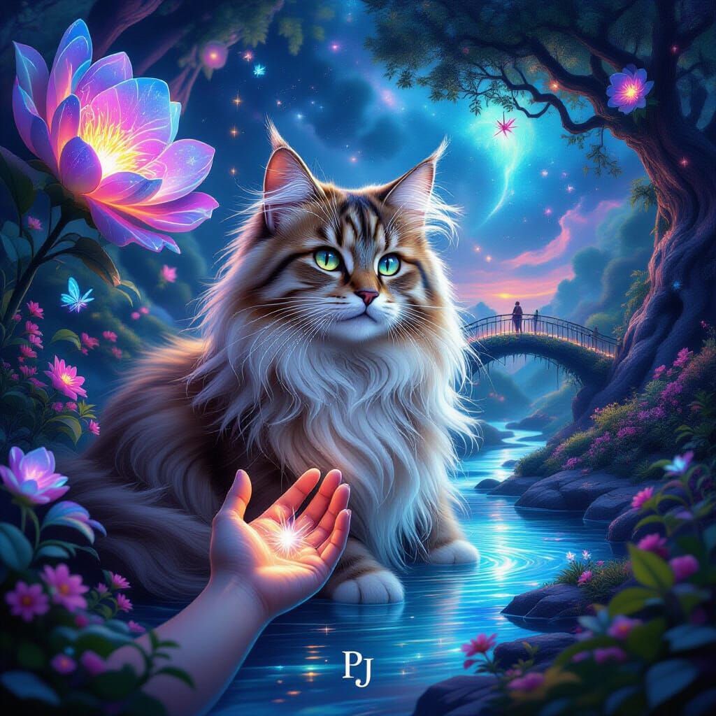 Cosmic Cat Embraces Hand Amidst Starlight Garden