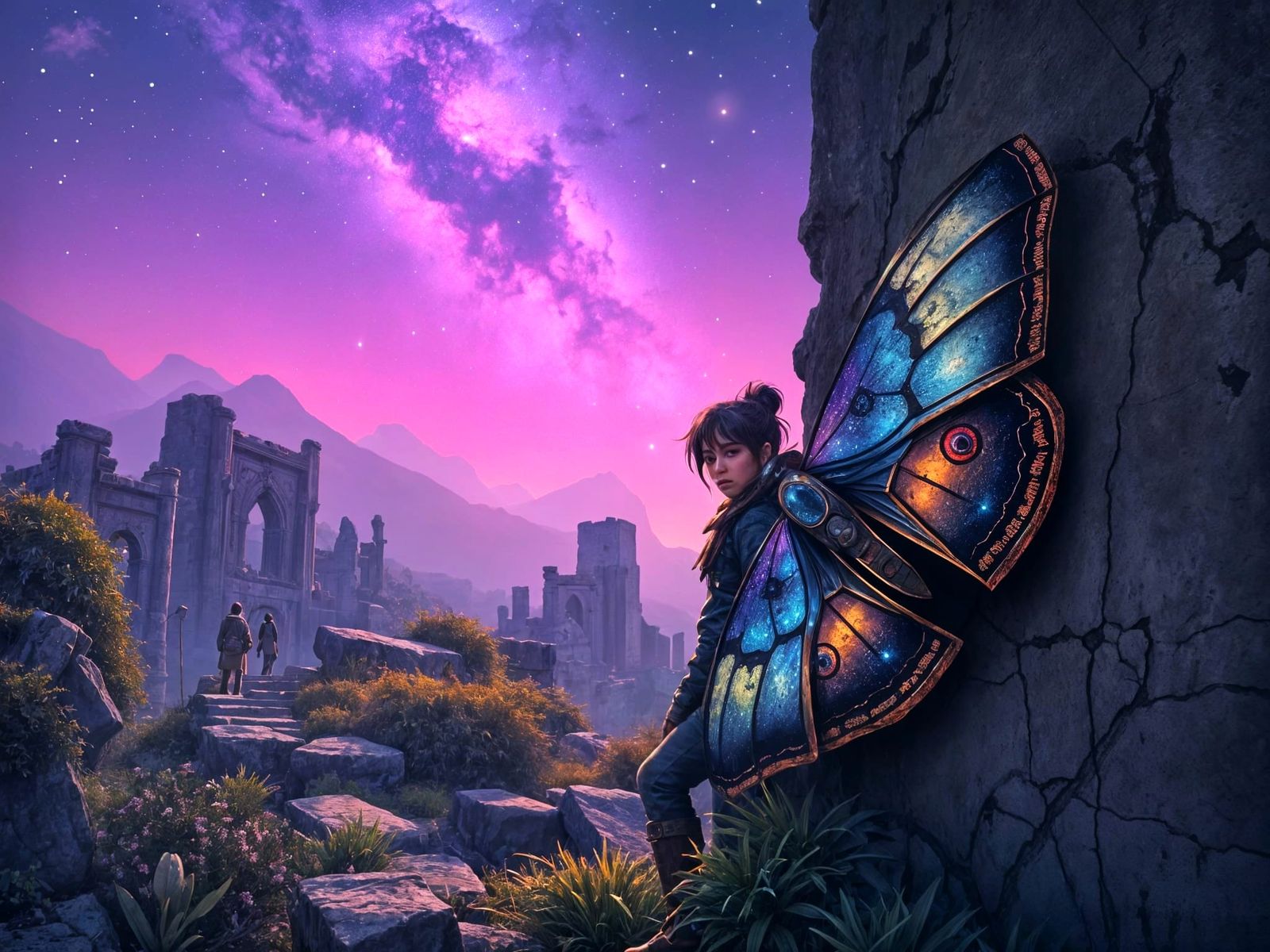 Explorer in Kintsugi Ruins Amidst Violet Haze