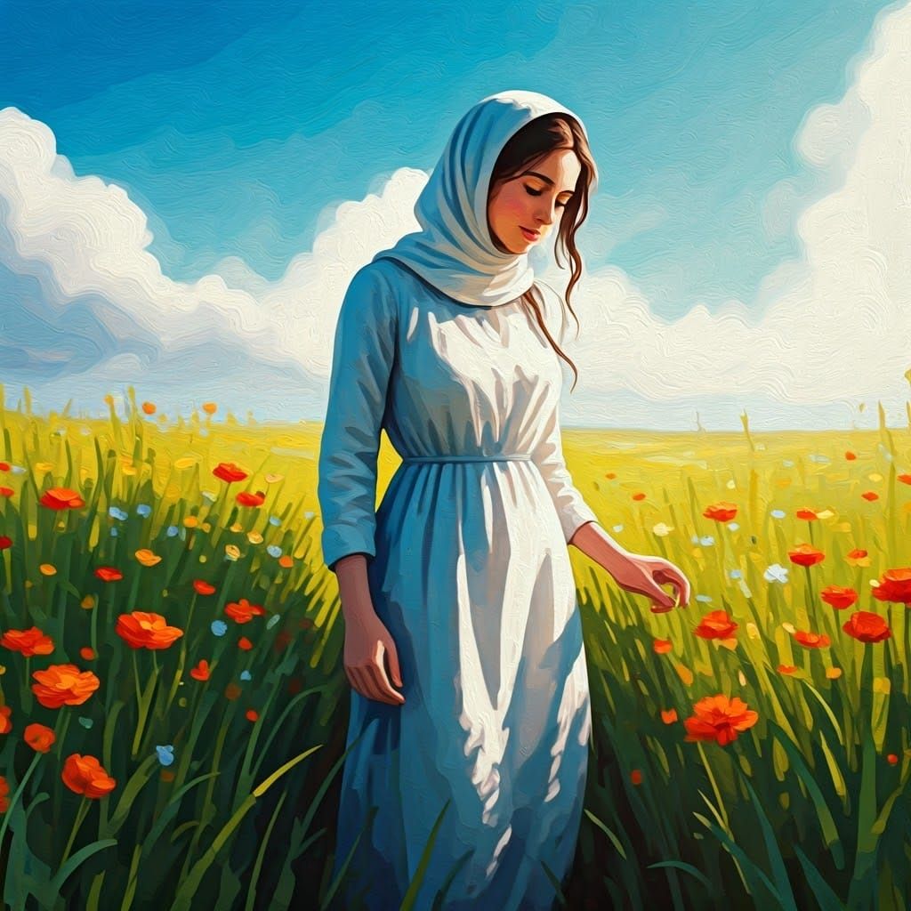 Orthodox Woman in Field, Impressionist Gouache Painting
