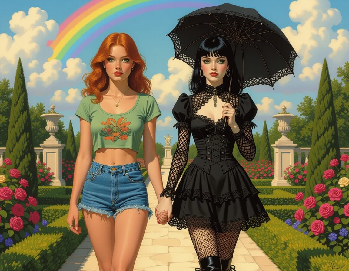 Contrasting Women in Garden, in Fantasy Illustration Style