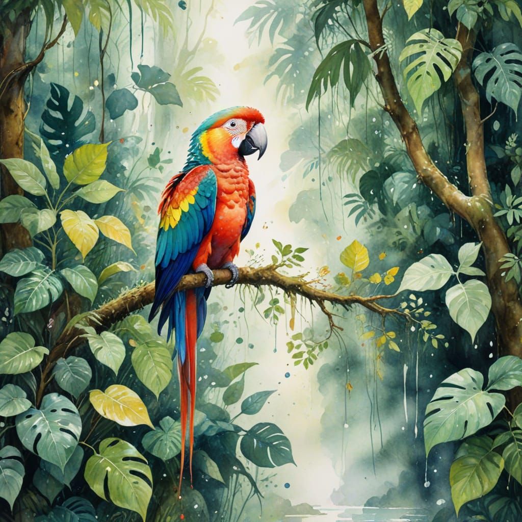 Parrot in Rainforest: Klimt and Turner Inspired Watercolour