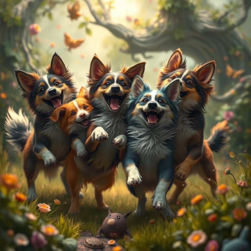 Vibrant Canine Whimsy in a Dreamlike Landscape