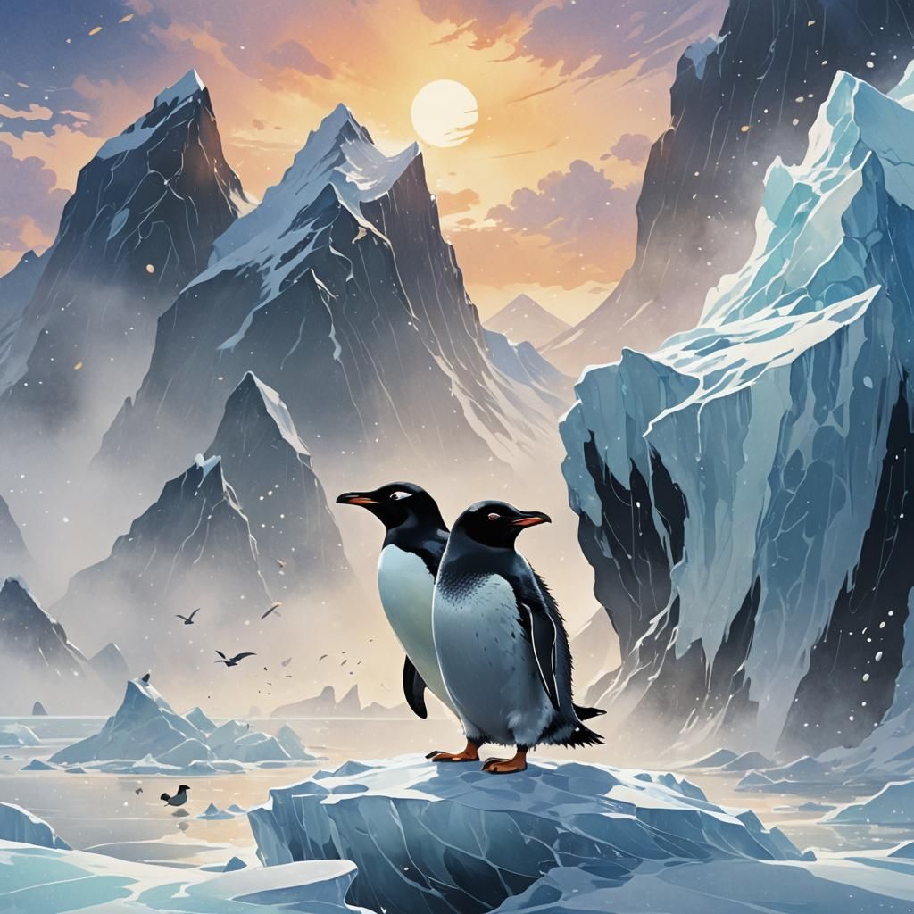 Lone Penguin on Iceberg in Anime Style