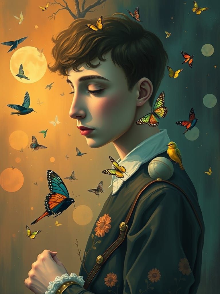 Baroque-Inspired Human with Butterfly Wings in Monochromatic...