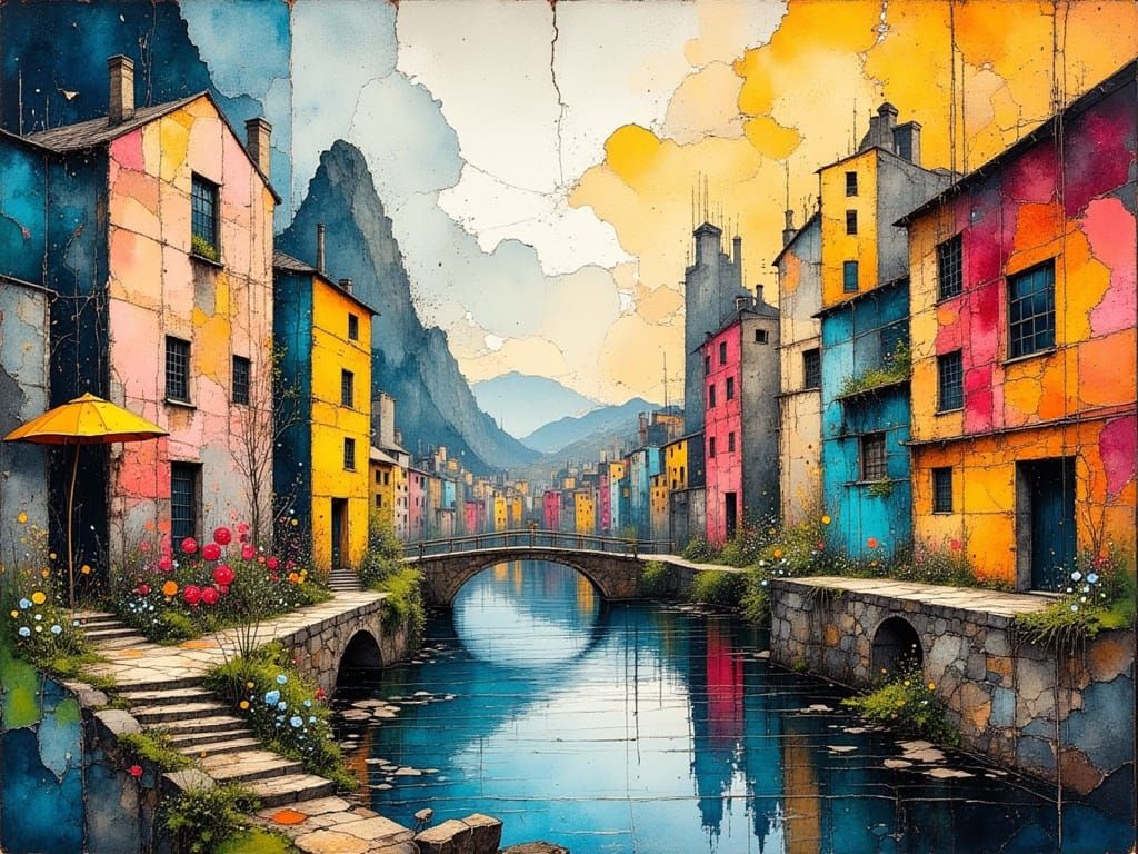 Serene River in Creative City: Bierstadt, Monet, Mead Styles