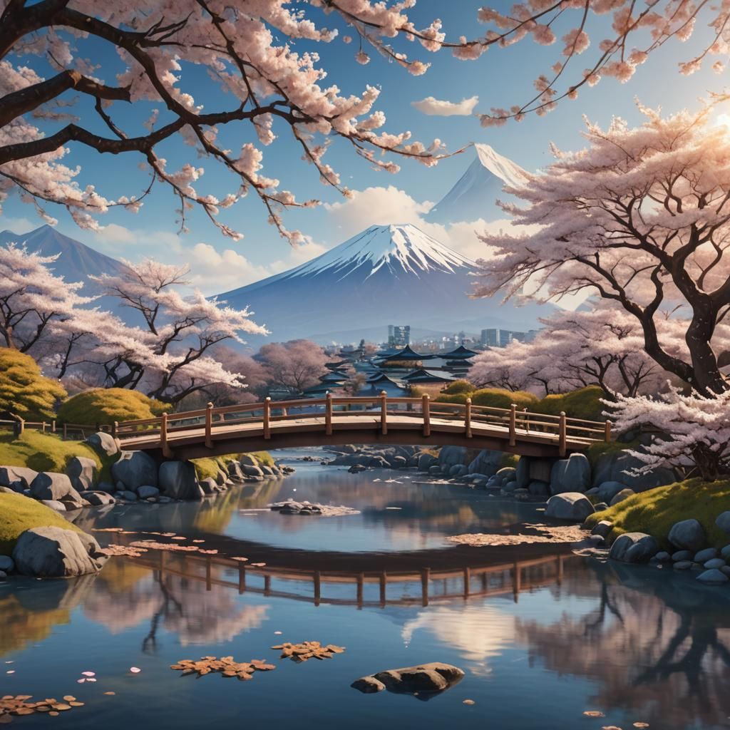 Mount Fuji Cherry Blossom Landscape in Digital Painting Styl...