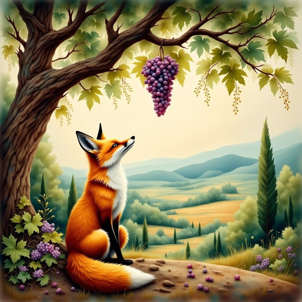 Fox and Grapes in Antique Watercolor Style