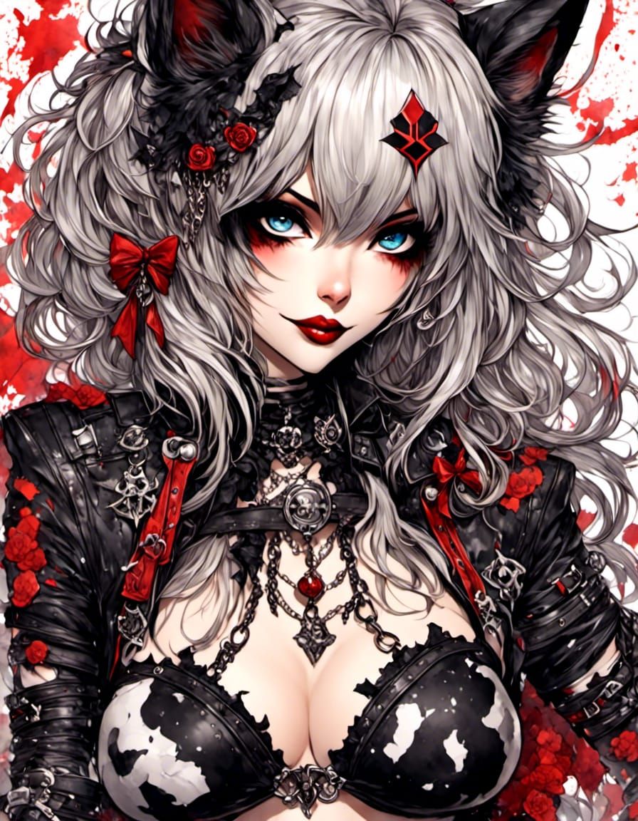 Emo Anime Cat-Girl in Dungeon, Gouache Painting