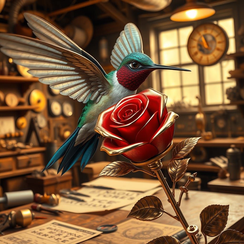 Steampunk Hummingbird in Brass Gears and Copper Filigree Sur...