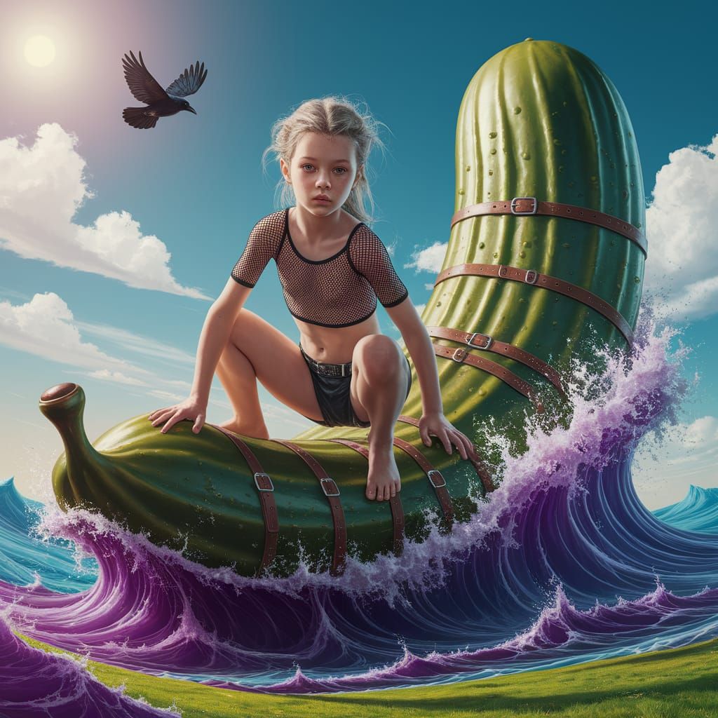 Girl on Pickle in Tattered Sea, Fantasy Art