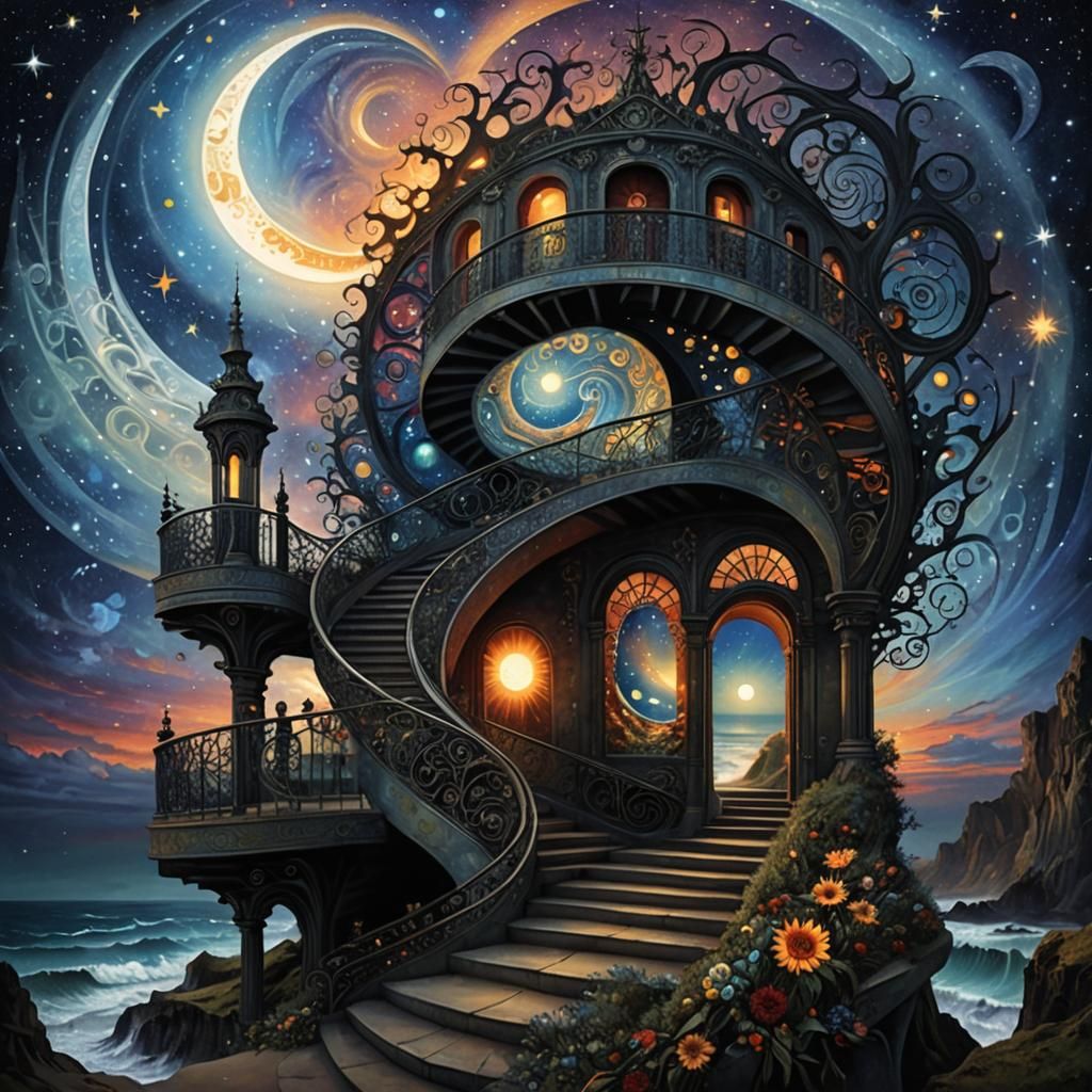 Surreal Sun Moon Fractal Staircase at Sunset