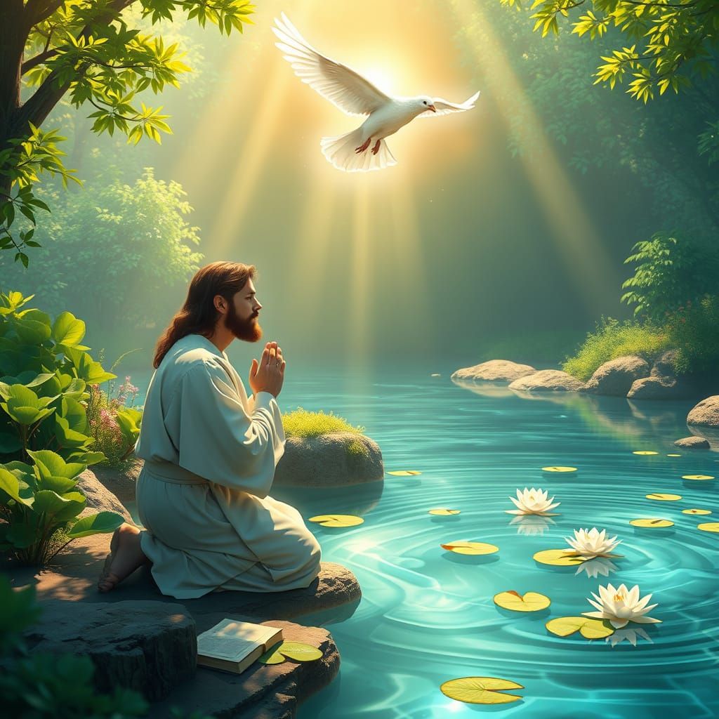 Jesus in Contemplative Prayer, Surrounded by Nature's Sereni...