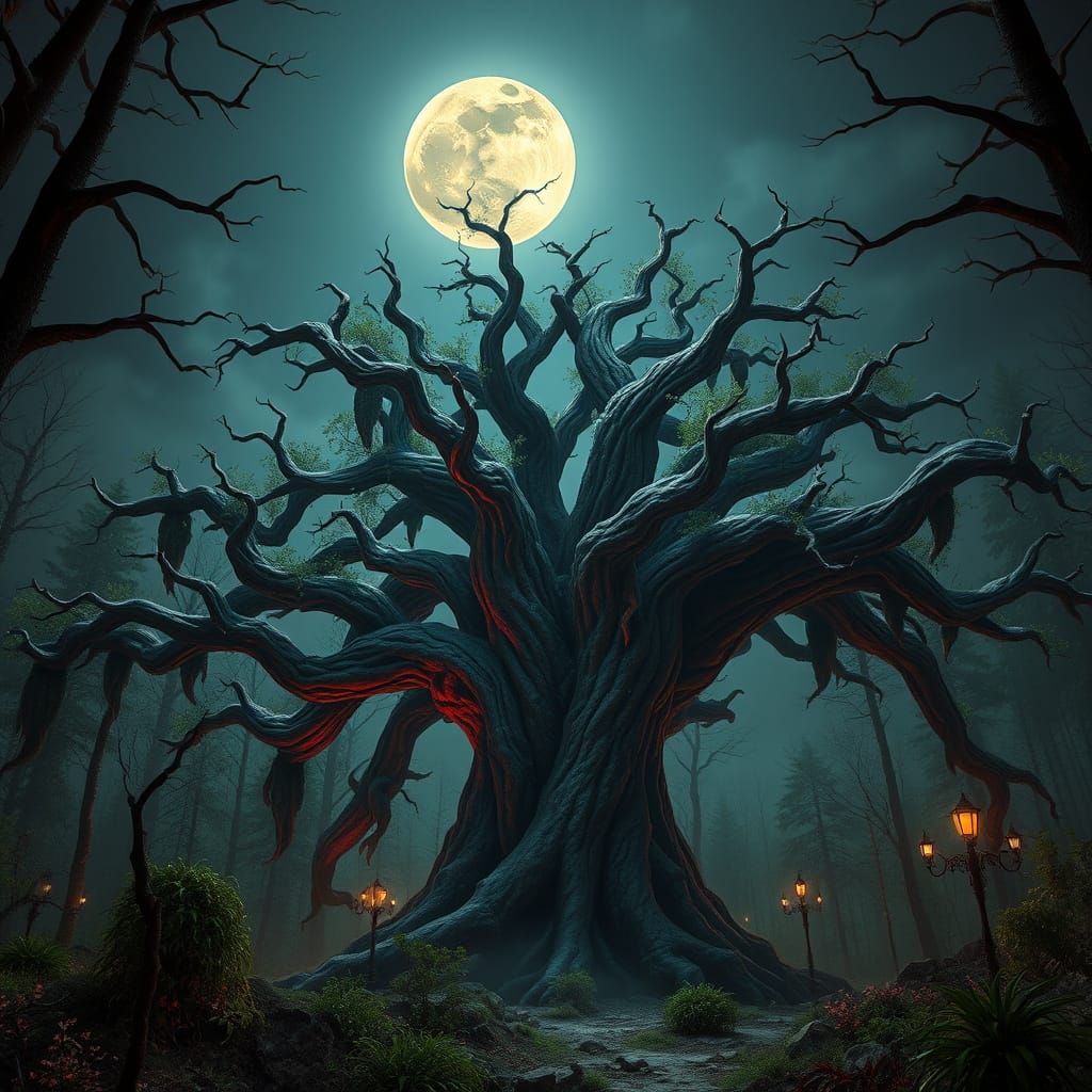 Giant Carnivorous Tree Under Blood Moon