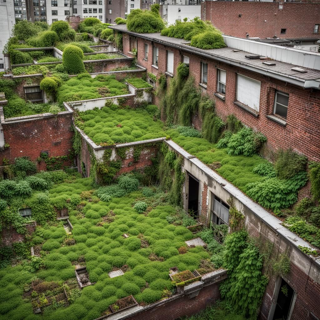 Overgrown Rooftop Urban Garden in Abandoned City