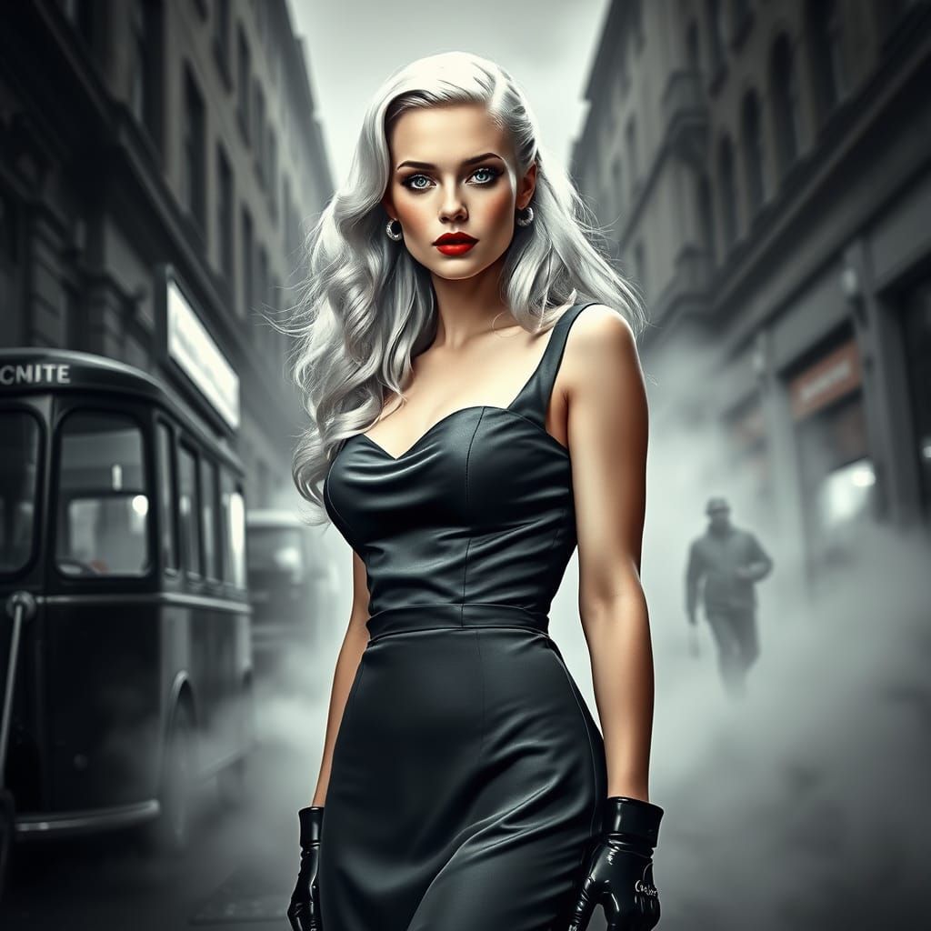 Swedish Pinup Goddess in Smoky London Streets