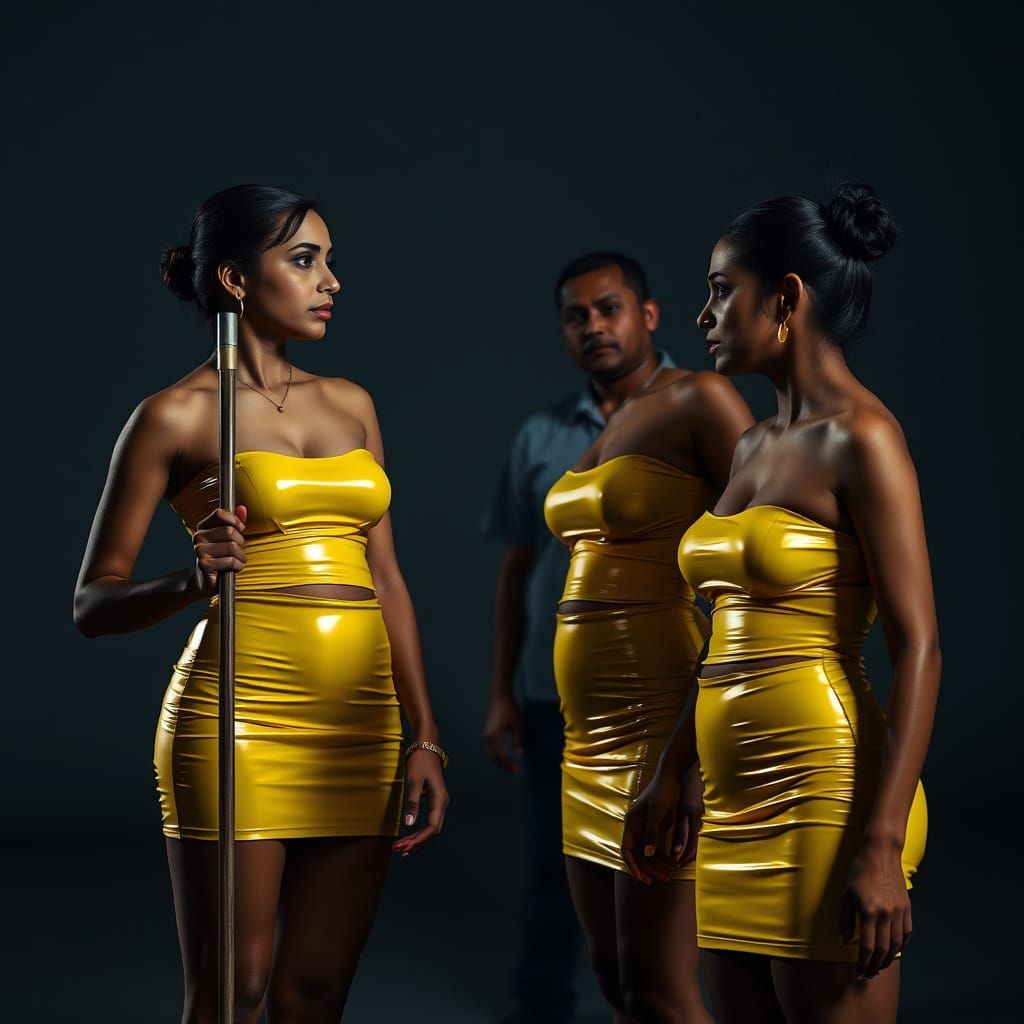 Two Women in Yellow Miniskirts, Intense Stare, Hyperrealisti...