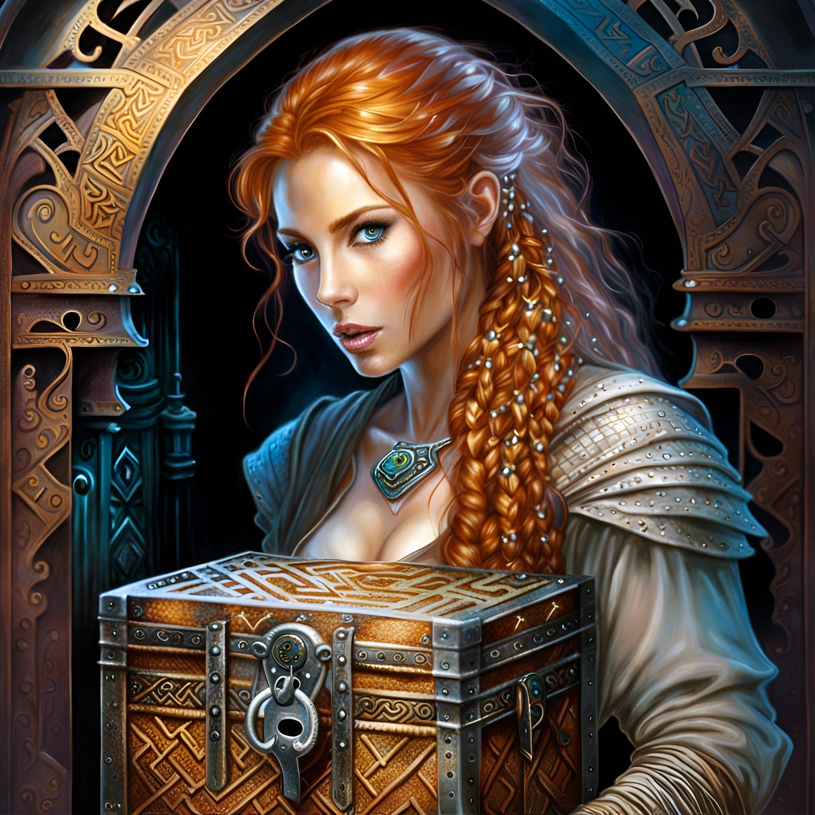Freckled Thief Opens Magical Chest in Dark Fantasy Style