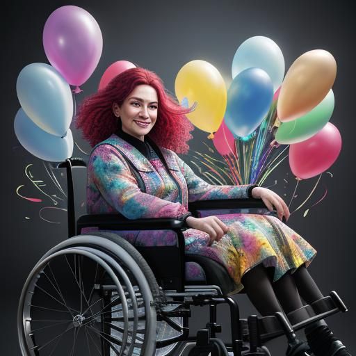 Smiling Child in Wheelchair with Flowers, Photorealistic