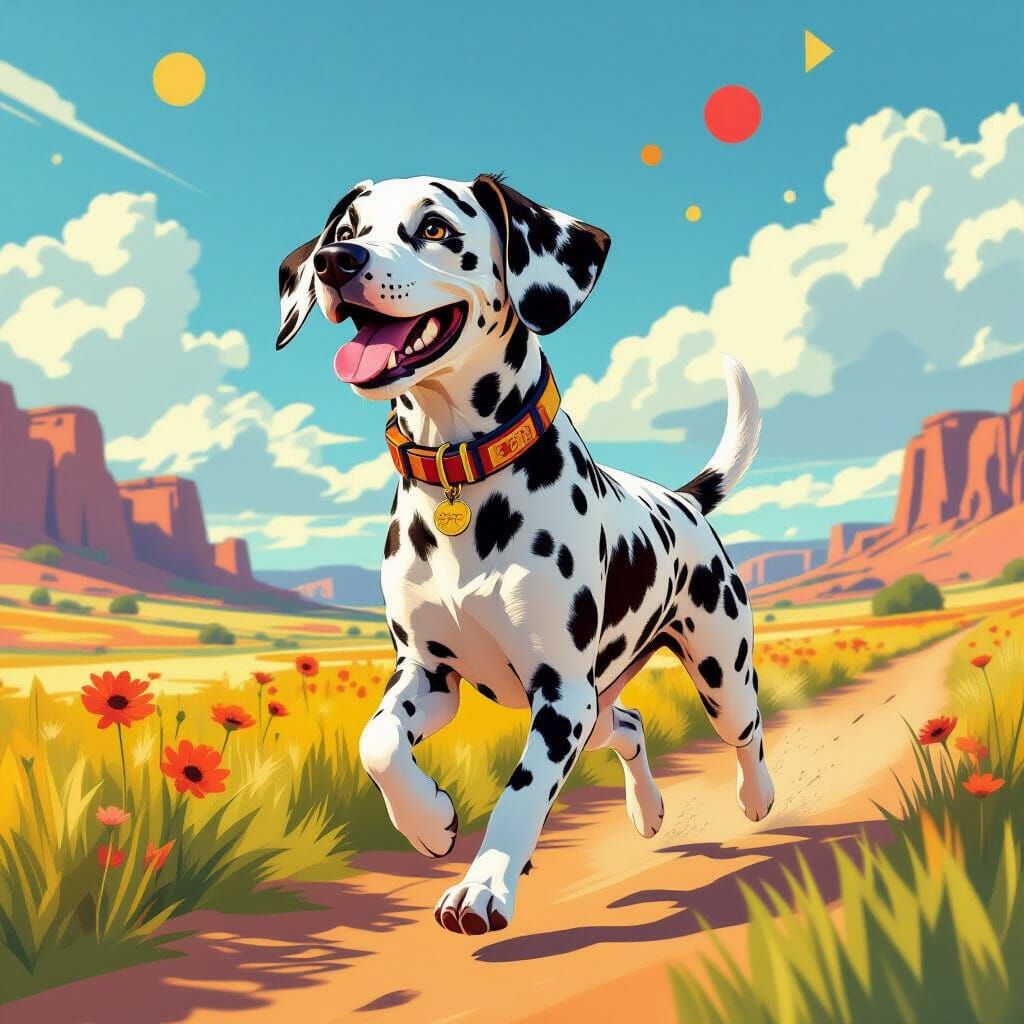 Dalmatian Dog Running in Art Deco Landscape