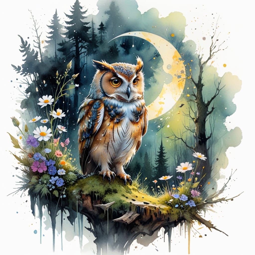 Ethereal Owl Amidst Radiant Wildflowers Under Crescent Moonl...