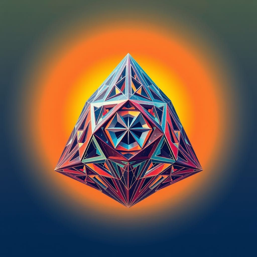 Intricate Geometric Tetrahedron in Escher-Inspired Op Art St...