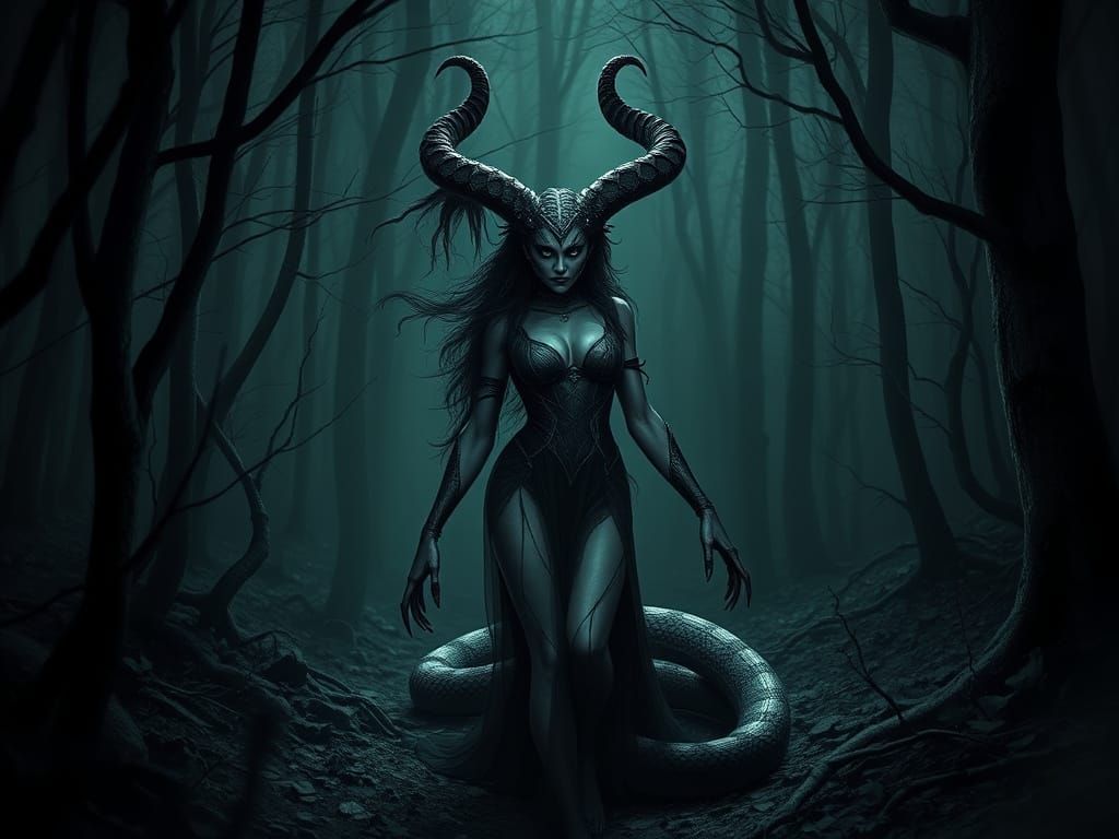 Mysterious Demoness in Dark Forest with Menacing Aura