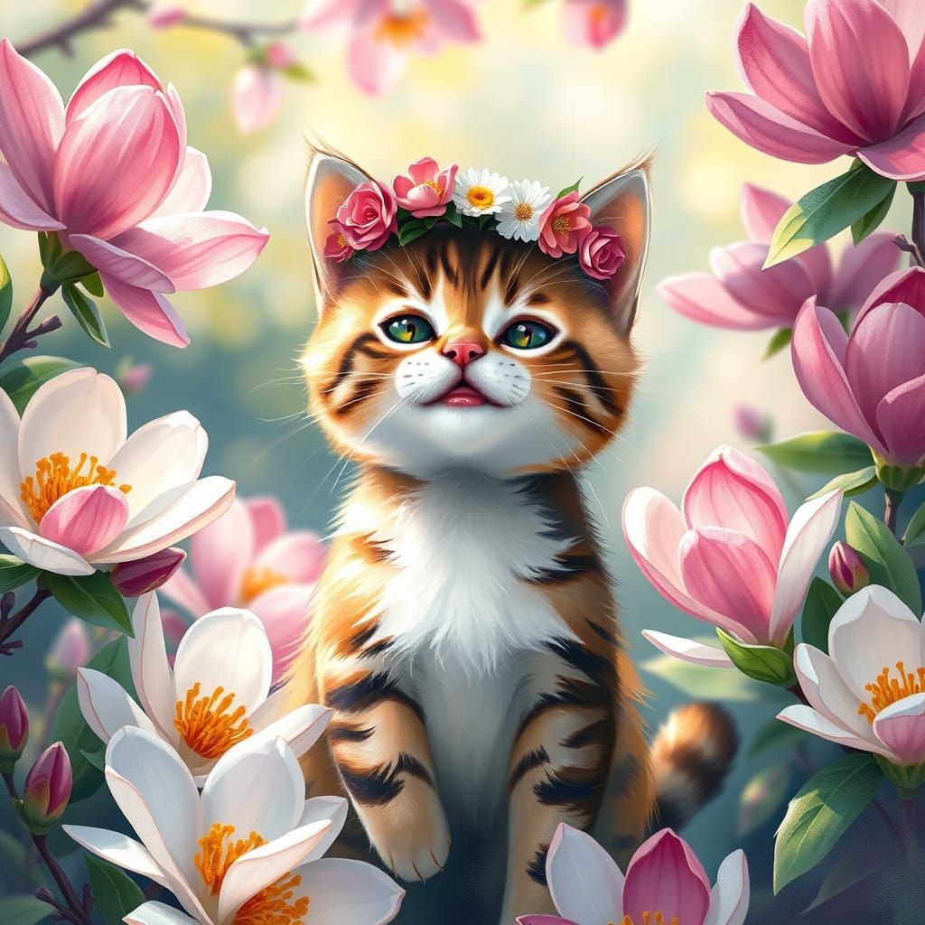 Whimsical Cat in Vibrant Springtime Landscape
