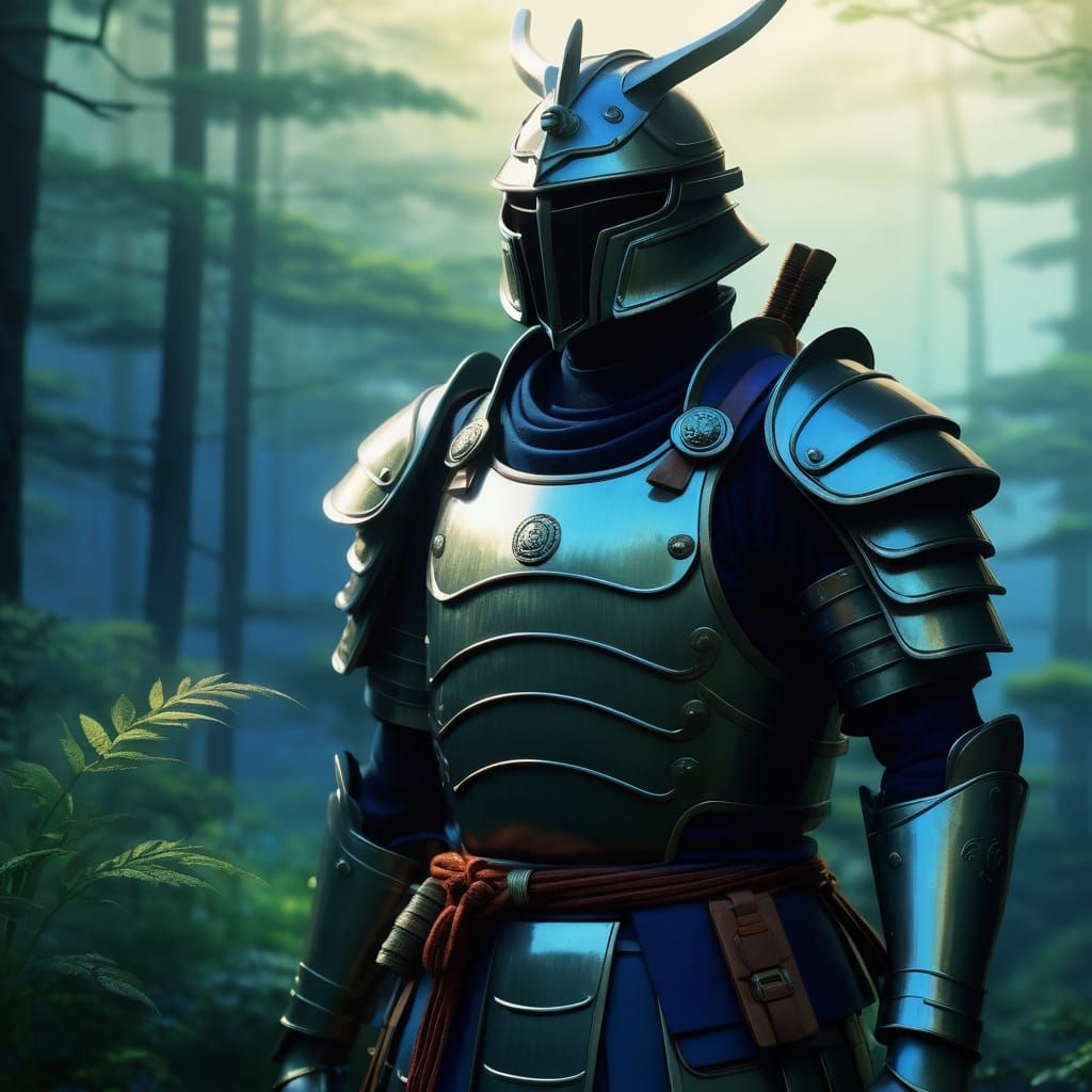 Elegant Futuristic Samurai in Misty Forest