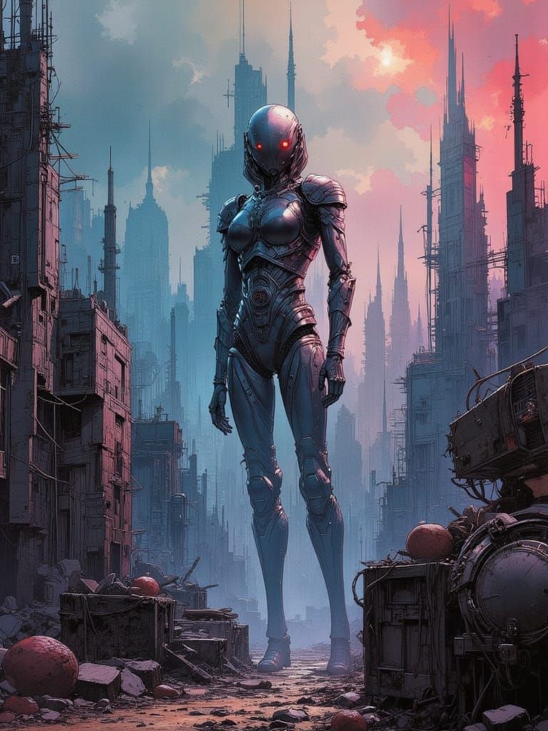 Robot uprising in a dystopian future city, in a dark, gritty...