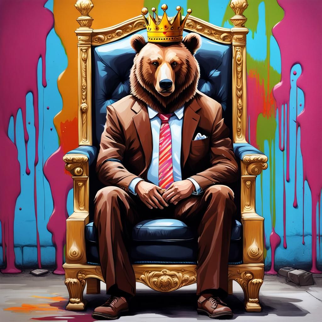 Brown Bear King in Graffiti Street Art Style