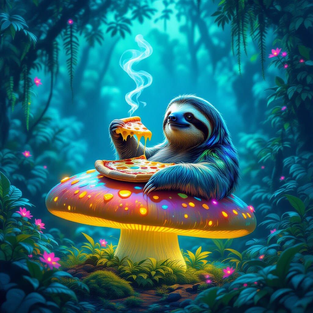 Bioluminescent Sloth in Neon Jungle with Pizza