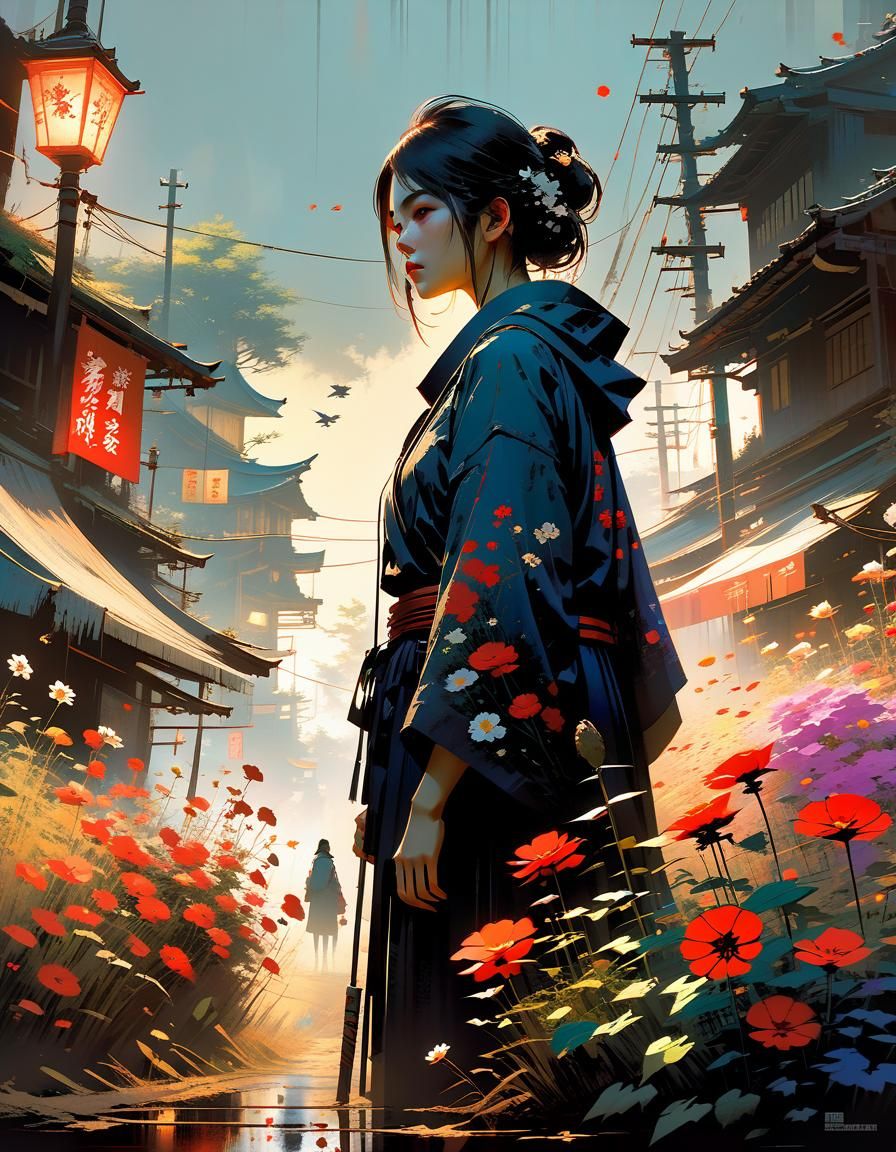 Woman Turns to Flowers: Digital Illustration