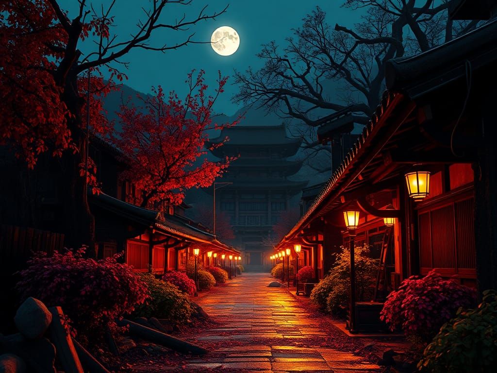 Hyperrealistic Sci-Fi Japanese Village Street at Night
