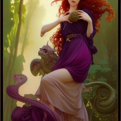 Woman with Dragon: Fantasy Art Nouveau Style
