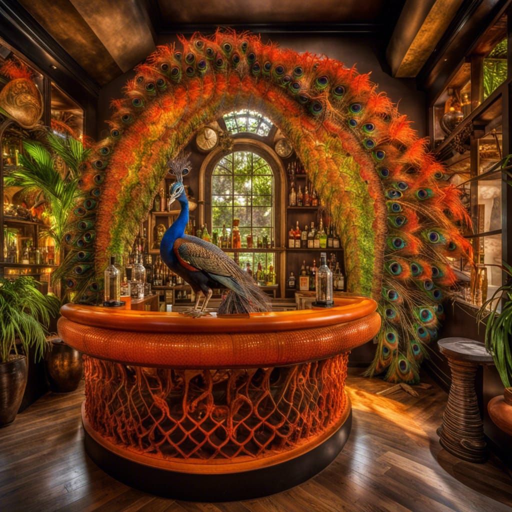 Hyperrealistic Peacock Behind an Overgrown Ebony Bar