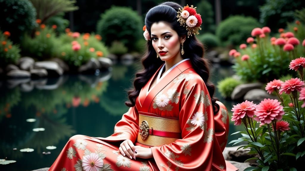 Gothic Portrait of Sauvanne in Red Geisha Kimono