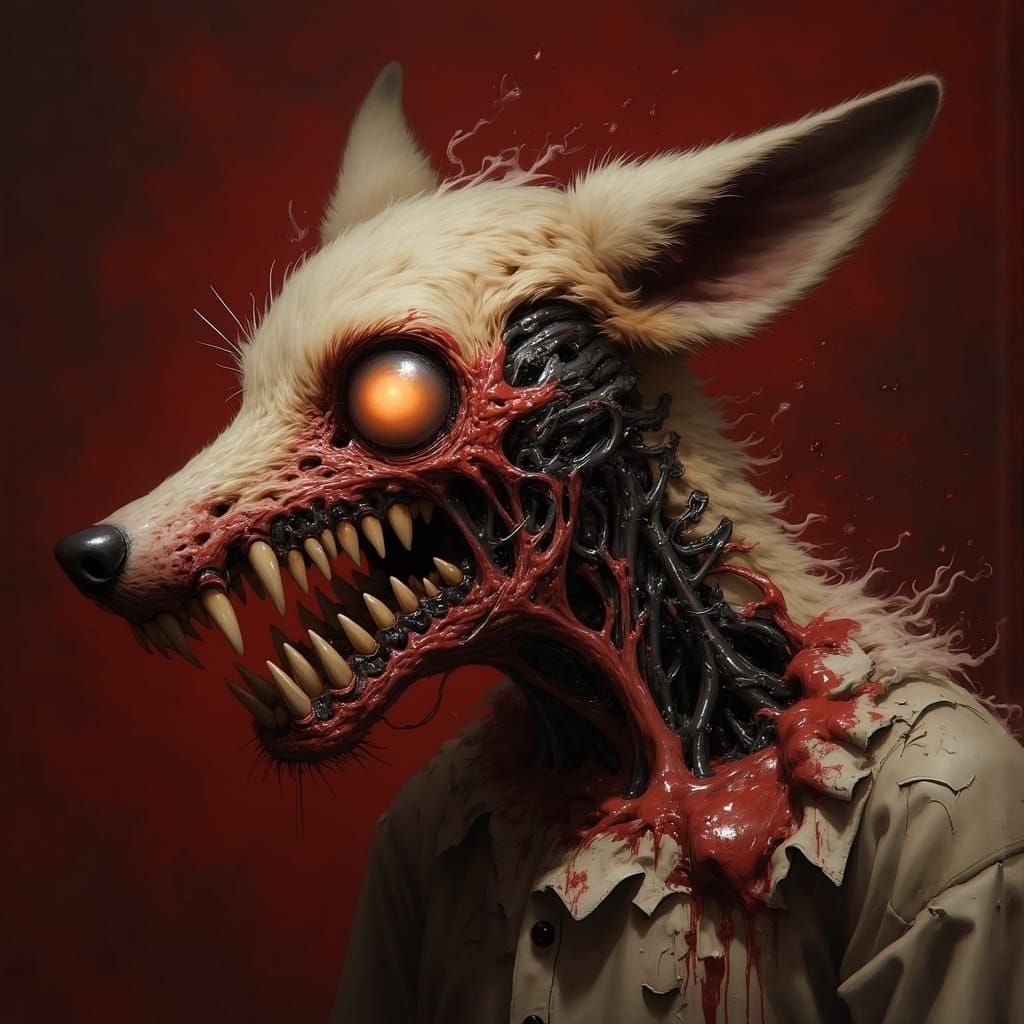 Biomechanical Fox in a Dark, Abstract Landscape